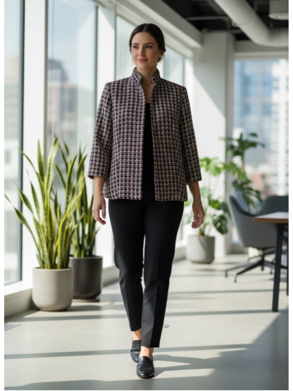 Chicos Fabulous Fall Signie Wool Blend Black Metallic Tweed Plaid Blazer Jacket